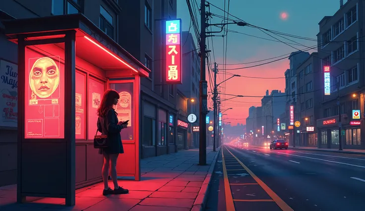 
"A nostalgic and emotional illustration of an 80s cityscape at dusk. The scene features neon signs glowing softly, a woman standing near a bus stop with a vintage cassette player in hand, surrounded by a warm, dreamy atmosphere. The perspective captures t...