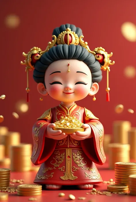 Lovely Chinese god of fortune，Red gold，Holding money，3D Rendering，C4D 