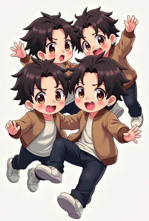 Anime,cartoon,Chibi Figure , Teen boys1 , Korean Style Dark Brown Short Hairstyle , Pierced Earrings , Short Sleeve Round Neck Coat , black trousers ,White socks,