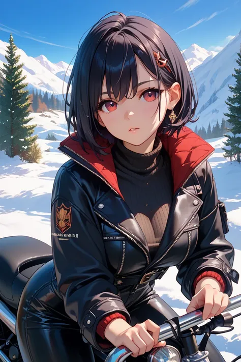 A big-breasted short-haired girl wearing a black turtleneck, dark red eyes, and short black hair. Leaning against a black motorcycle In the snow 