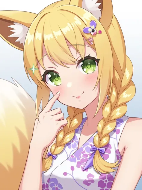 1girl, Braid, Very Long Hair, chinese hairpins, hairpins in at each braids, Chinese hairpins, ball hairpins, Fox girl, blonde hair, Bangs, Fox Ears, Blush, deep green eyes, looking at camara, sparkling eyes, very slight semi-long eyelashes, greenish hue in...