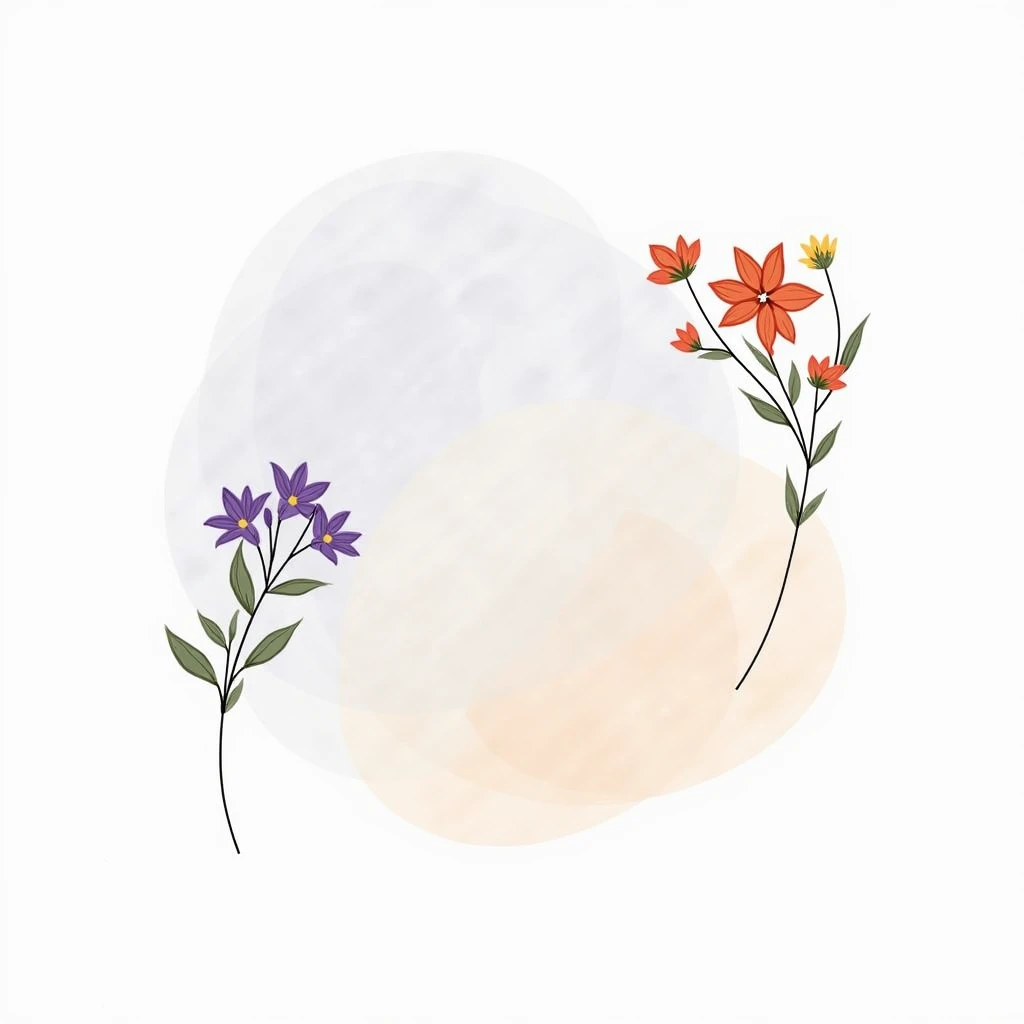 A pastel-colored watercolor-style background, featuring two bouquets of stylized flowers.  The flowers are small, simple designs in shades of red, purple, and yellow, arranged on leafy sprigs.  The flowers are positioned in the upper corners of the image, ...