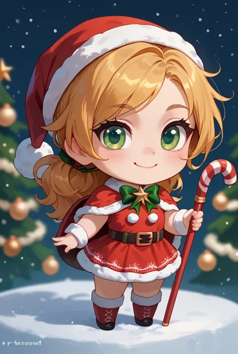 The Guy with the Golden Hair,  green eyes , with a kind look , soft smile,  with a cane in the left hand, in a christmas costume , chibi art 