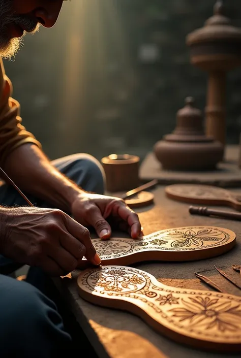 A close-up, cinematic view of a devoted artisan crafting Lord Perumal’s divine sandals (padukas) with reverence and precision. The artisan’s hands, weathered yet steady, are carefully carving intricate patterns into the wooden sandals, showcasing exception...