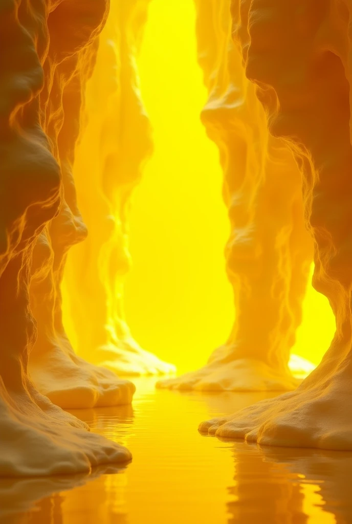 Yellow cave with yellow lights, everything very yellow and with yellow lights, ultra realistic 3D image