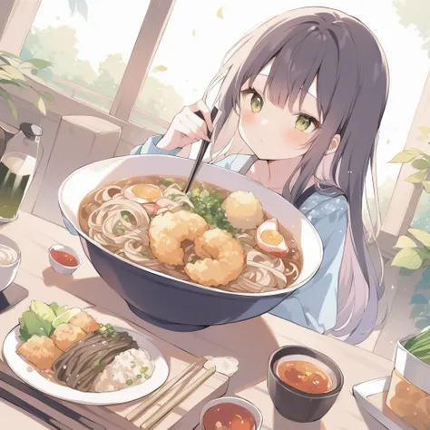  1 girl、Soba noodles、 with plenty of ingredients、Shrimp tempura 、Holding chopsticks