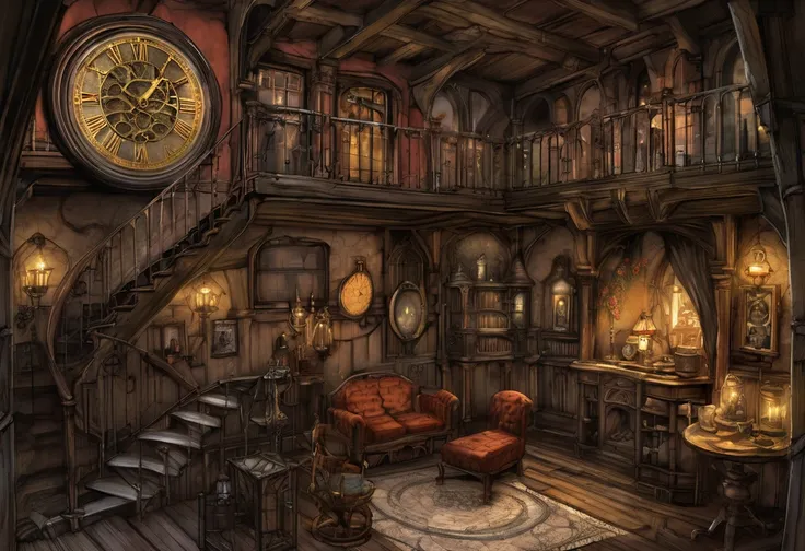 arafed cutaway of a house with a clock on the wall, concept art inspired by Anton Pieck, cg society contest winner, gothic art, intricate from baldurs gate, mansions of madness, spooky mansion, ultra detailed haunted house, steampunk villages castles, adda...