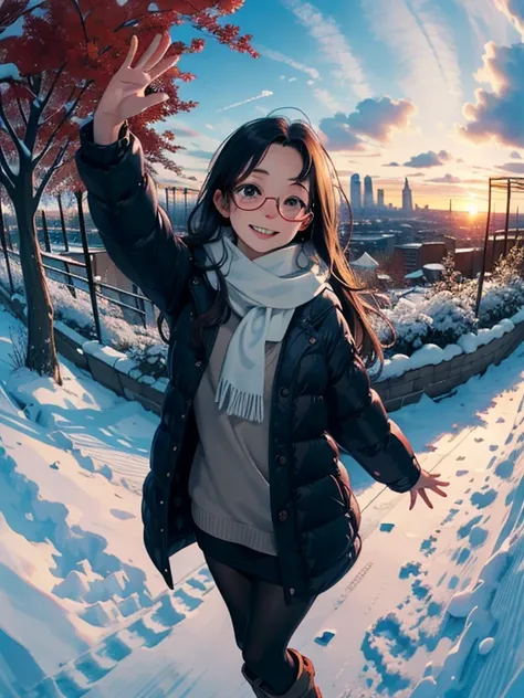 masterpiece， top quality ， high image quality，( super flat ， FLAT SHADING )，Stylish glasses，beautiful dark hair， fisheye lens， adorable little young happy sow and her adorable :1.2，Warm free wrapped scarf ， Down Jacket，(naked)，  long hair，  knit dress，tigh...