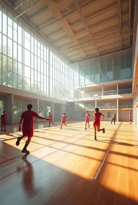 Sheeted image of a sports hall with a plan and cut and perspective with a sense of dynamism and movement