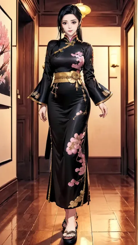 (best quality:2.0), (extremely detailed:2.0), (highly detailed:2.0),(Ruka Sentouin, the headmistress of Himeki Girls’ Academy, wearing an elegant black kimono with golden embroidery around the obi. She holds a decorative Japanese folding fan and stands in ...