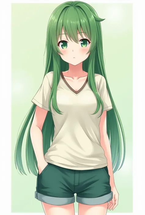 I want you to draw a beautiful two-dimensional girl with green hair and green eyes 、 I want you to take a picture of a straight long 19-year-old girl wearing two V-necks and shorts and a full body picture I want you to draw a beautiful girl with white skin...