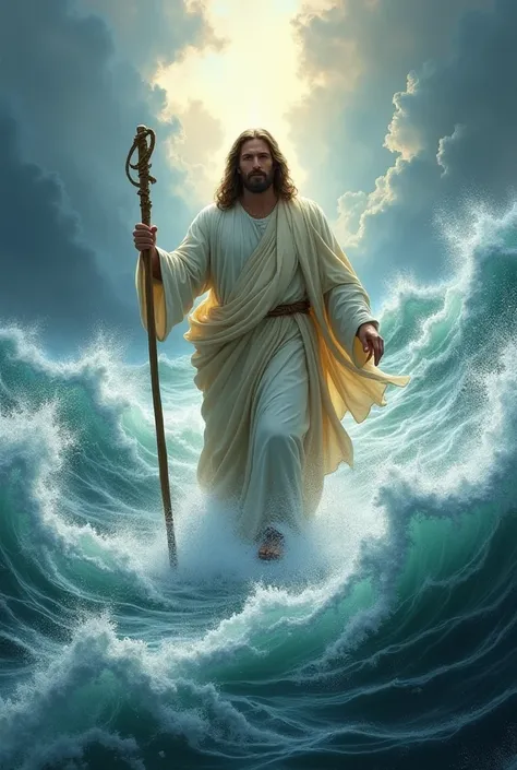 The great Jesus Christ running over the water with giant waves and his staff in his hand