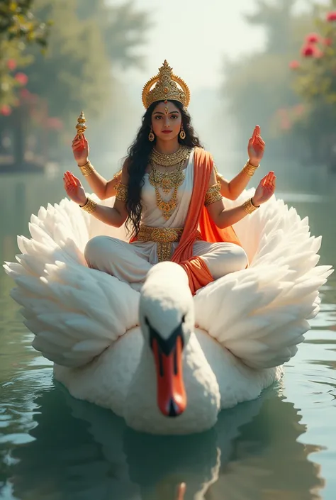 Write a prompt for creating devi Saraswati flying on swan were  white and red sari have 4 hand one of them hold ved and one hand blessing swan and devi is face forword  only one swan Devis led are between swan face forword 