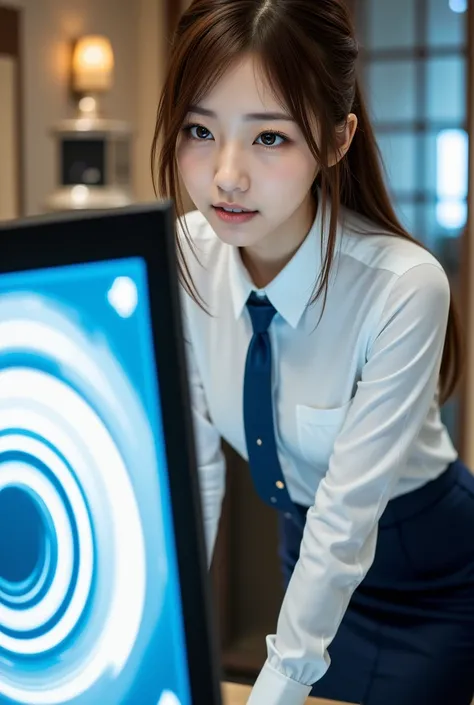 sexy Japanese woman, self-defense officer, uniform, navy blue tie, white shirt, Long Sleeve, navy blue pencil skirt, bangs, Brown Hair, low ponytail, She is standing leaning forward, her right hand on the desk, looking at the computer screen as if peering ...