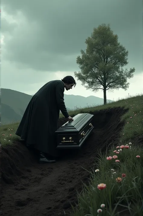 Picture of a person burying a  in a grave 