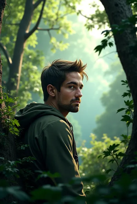 Create a picture with the man in a forest with the same face ,  the same hair, etc. 