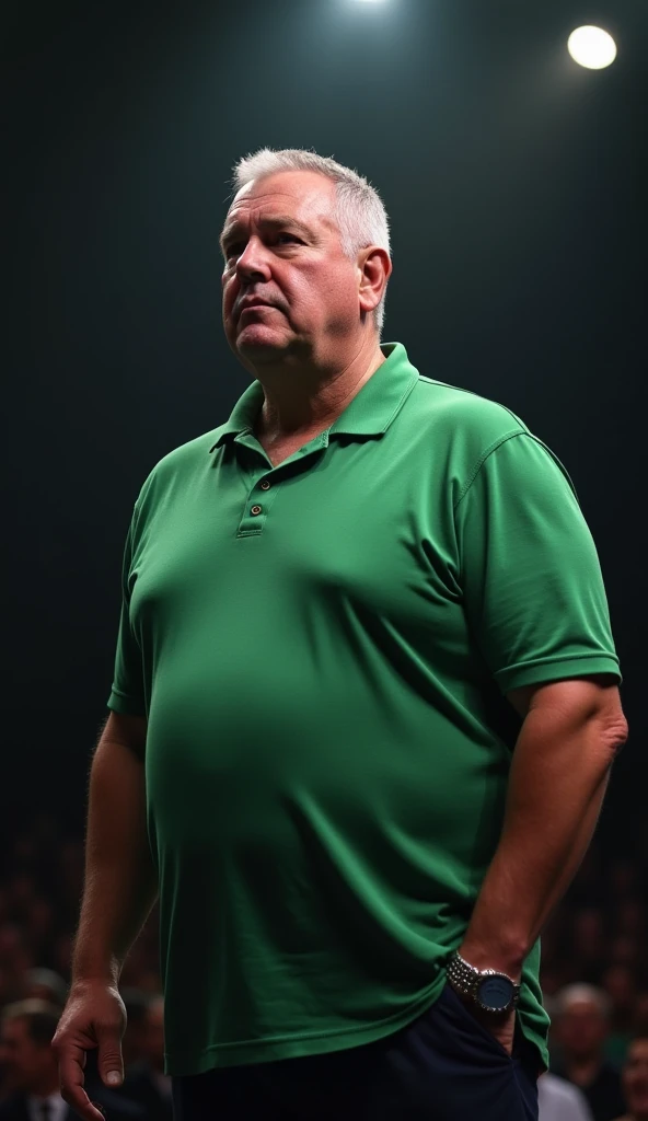 Create a realistic image of a strong and confident older man with a large physique. He has a serious expression, short gray hair, and is wearing a green polo shirt. The setting is a dramatic spotlighted area, resembling a stage or performance space, with a...