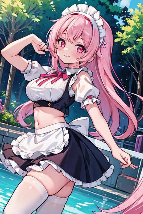 1girl, best quality, masterpiece, ultra high res, cute, looking at viewer, stretch legs, from behind, maid, crop top, midriff, gigantic breasts, short sleeves, puffy sleeves, waist apron, frilled thighhighs, maid hairband, long hair, pink hair, pink eyes, ...