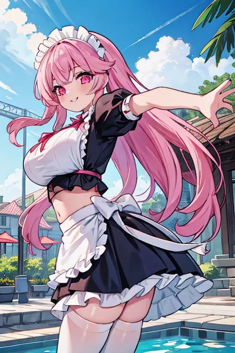 1girl, best quality, masterpiece, ultra high res, cute, looking at viewer, stretch legs, from behind, maid, crop top, midriff, gigantic breasts, short sleeves, puffy sleeves, waist apron, frilled thighhighs, maid hairband, long hair, pink hair, pink eyes, ...