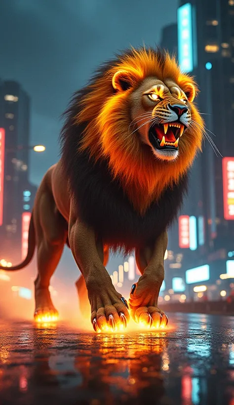 Here’s an intense and vivid prompt for your hybrid:

"A menacing hybrid of a lion and a Lamborghini roaring through a futuristic cityscape at night. The creatures body is a fusion of a muscular lion with sleek Lamborghini design elements. Its golden fur is...