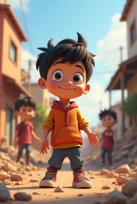 In cinematic 3D cartoon style,The  boy’s selfless nature.
This image should capture the essence of teamwork, resilience, and hope after a natural disaster