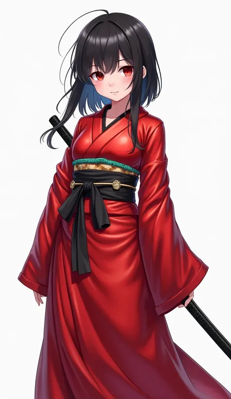 anime style realistic  illustration , cute short teenage girl with red eyes , black long hair , in shiny red latex long kimono outfit , anime style , cute , in white background , with one katana sword 