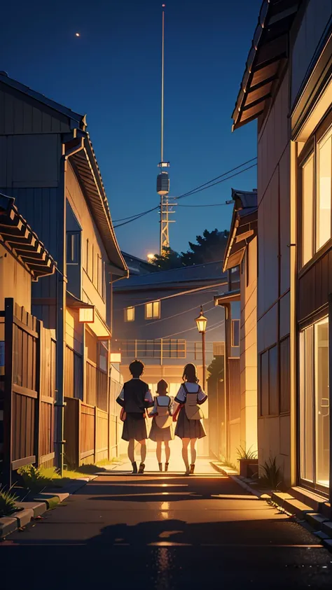 “A quiet scene at the front gate of a Japanese high school at night. The area is dimly lit by a single streetlamp, casting long shadows on the ground. The metal gate stands slightly open, and the faint glow of lights from the school building can be seen in...