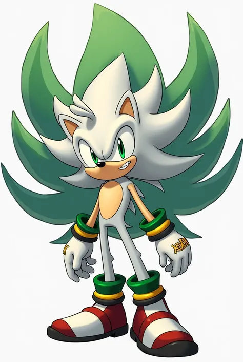  Create a character in the style of Sonic , measuring 121Cm,  in the background that has the shape of Shadows head,  with the skewers up , that you have white gloves ,  whose main color is white , And secondary green,  and that has the mushrooms of Sonic ,...