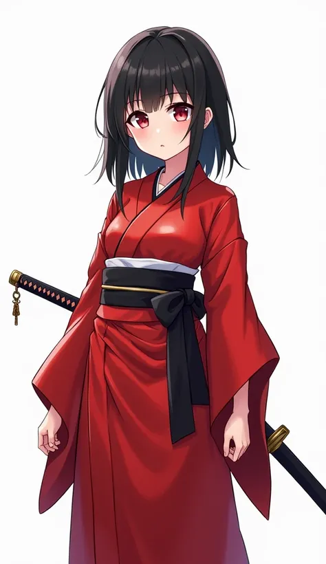 anime style realistic  illustration , cute short teenage girl with red eyes , black long hair , in shiny red latex long kimono outfit , anime style , cute , in white background , with one katana sword 