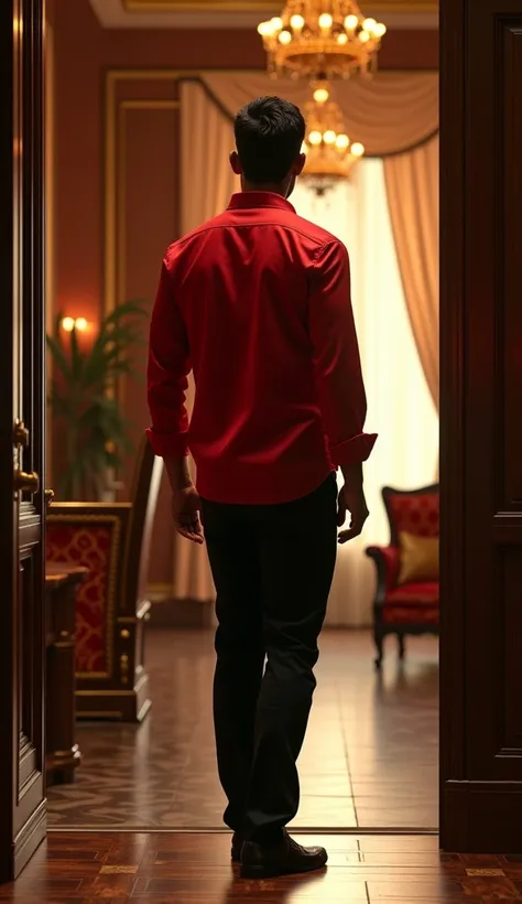 30 year indian young handsome man entering room, back pose, wearing red color shirt and black pant,  luxurious interior, cinematic scene, cinematic lighting, ultra realistic, hyper realistic, highly detailed image, Full HD image  