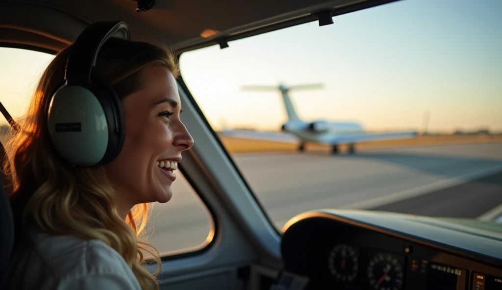 A side view of the person in the cockpit, grinning ear to ear, as the plane glides down the runway.