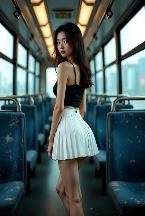 (Qingxu _ Realistic photograph of Asian beauty portraits_V11),   Beautiful Japanese woman with white pleated mini skirt ., short black mini tube top ,
 The bus scenery is realistic ,  sneakers with worn seats ,  dirty windows and accumulated dust ,  creati...