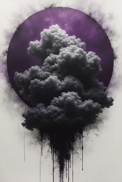 illustration in charcoal and purple ink, a sprawling mold, cloud of gray and black, foggy condensed, concentration centered by circle, splash of bleach, erased, award-winning art,