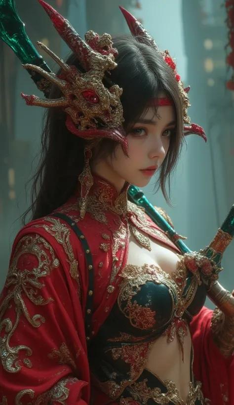 A digitally rendered female warrior, clad in a crimson, ornate, and detailed top, characterized by intricate Asian-inspired patterns, with dark black hair and a teal-green edged blade in hand, and adorned with an ornate dragon mask on her face; the image e...