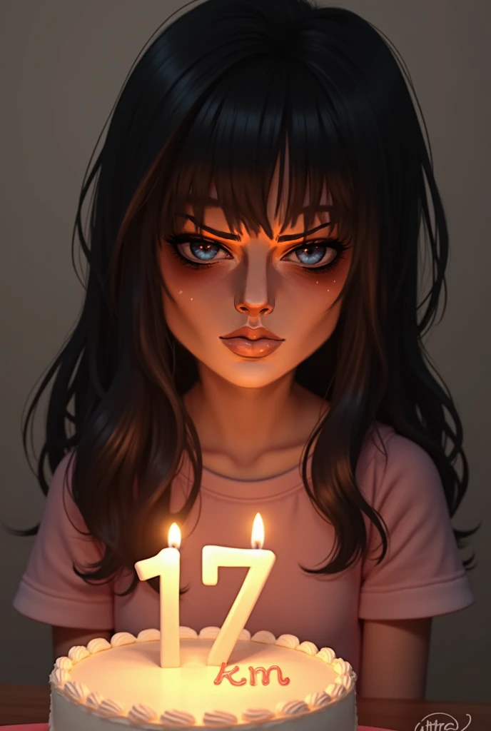 Create such an image with a brunette girl with black hair, black eyes and a birthday cake with km number 17. 