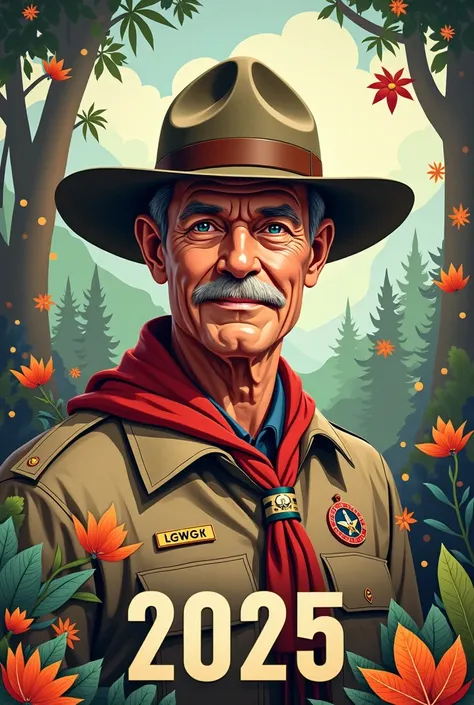 Make a 2025 New Year Greeting poster showing Boy Scouts founder Lord Robert Baden-Powell