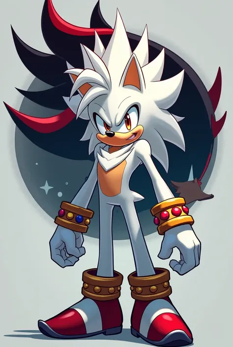  Create a character in the style of Sonic , measuring 121Cm,  in the background that has the shape of Shadows head,  with the skewers up , that you have white gloves ,  whose main color is white , and secondary gold ,  and that has the mushrooms of Sonic ,...