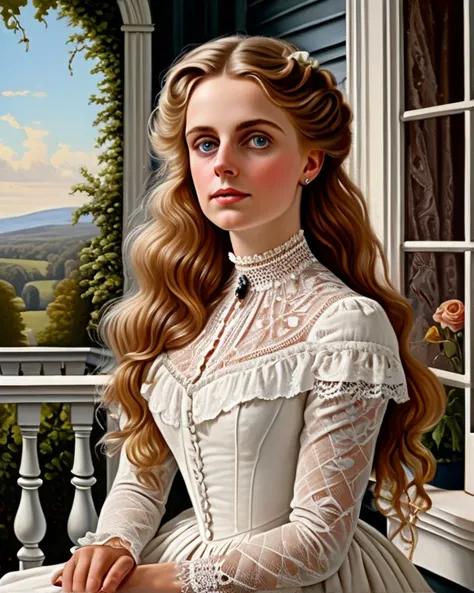 A beautiful Victorian Era [woman:Maude Adams:0.1], detailed face, donning victorian white lace dress, she was sat at the porch of  the lavish Victorian Elegant House, with a detailed and intricate Victorian decor background, masterpiece oil on canvas reali...