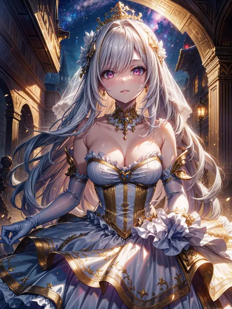 (close up of 1girl:1.1), shy expression, heavy blush, (detailed pure pink eyes), BREAK (extremely long straight white hair), crown braid with extremely large white hairbows, very long bangs, detailed princess tiara, long bridal veil, BREAK skin dentation, ...