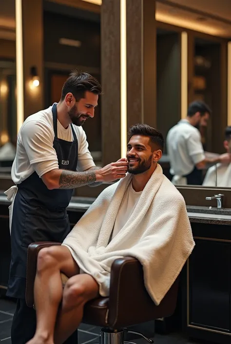 
"Inside a modern and luxurious salon, Lionel Messi, dressed in a professional salon apron, is gently washing Cristiano Ronaldos hair with water at a sleek hair-washing station. Ronaldo, wearing a towel around his shoulders, sits comfortably in the salon c...