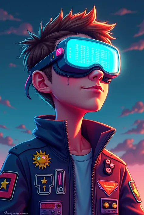 Create 2D retro, illustrative look, inspired by pop culture of the 1980s, unique gaming-inspired character, designed to represent gaming eras from the 1980s to the 2010s. The character has glowing neon blue goggles or a visor with pixelated effects, symbol...