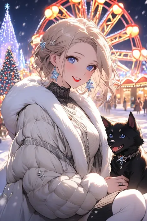 A beautiful girl at a winter amusement park. She has sleek, straight silver short hair that adds a refined and polished touch to her appearance. Her vivid, striking blue eyes gleam brightly, resembling gemstones sparkling under the cold winter sky. Her lip...