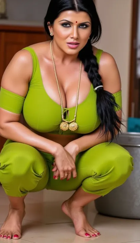 A beautiful sexyIndian bhabhi, 1woman,blue eyes, Bhabhi with big huge enormous gigantic humgous enormous breast,Bindi on forehead, wearing nose ring, wearing arm bands,Voluptuous body, sweaty oily skin,Sexy expression on face,green saree, tight Sleevless b...