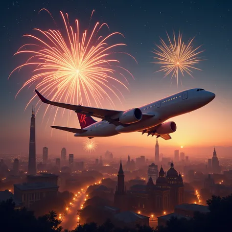 a aeroplane fly on the sky middle of the fire works and under a beautyfull city with yellow lights