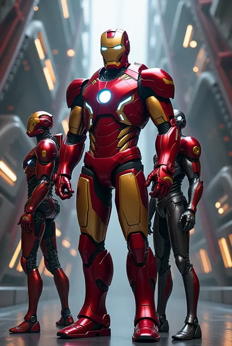 Create a red iron man with his friend there wear a robo suit