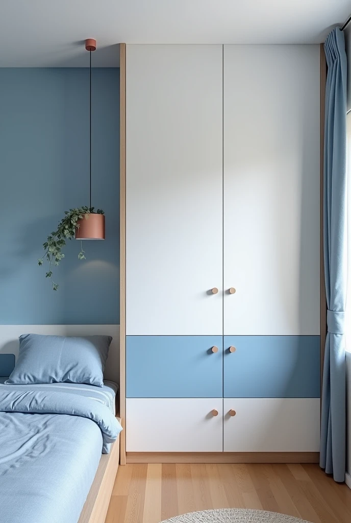  create a minimalist small boys room interior design , The room contains only a duo comfort mattress and a wardrobe with a blue and white theme,  with a minimalist model , simple,  modern. make 10 photos 