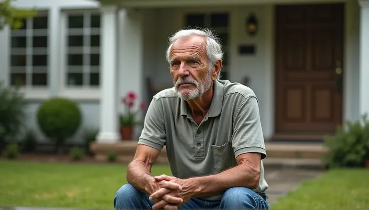 In a 50-year-old man sitting in front of the house again pensive