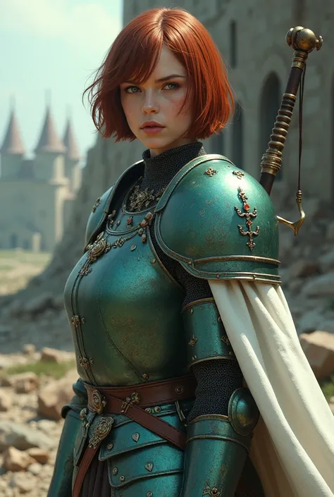 A russian female knight, pale skin, green eyes, reddish-brown bob cut hair, a dismissive face, greenish-blue color armor adorned with jewelry & sword, white robes, war wounds, conquered fortress background.