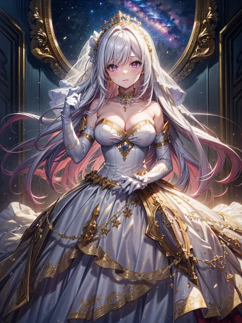 (close up of 1girl:1.1), shy expression, heavy blush, (detailed pure pink eyes), BREAK (extremely long straight white hair), crown braid with extremely large white hairbows, very long bangs, detailed princess tiara, long bridal veil, BREAK skin dentation, ...