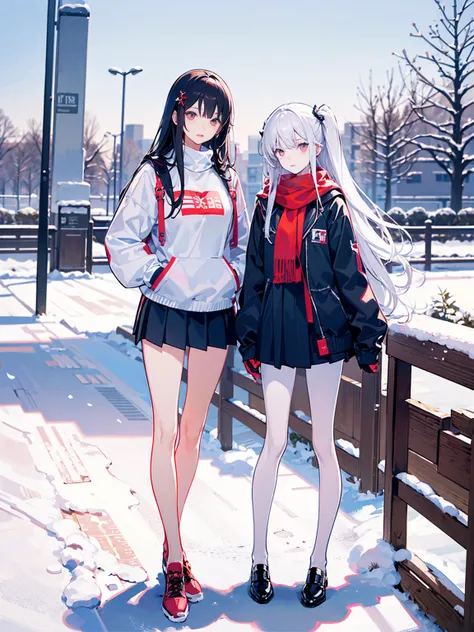 two girls,students,fifteen years old,white skin,long hair,skinny,slim,very thin legs,wearing short white blouses,baring waist,short miniskirt,standing,facing to each other,medium breasts,long legs,in the campus,in a cold winter,skinny,snowy,slim,very thin ...